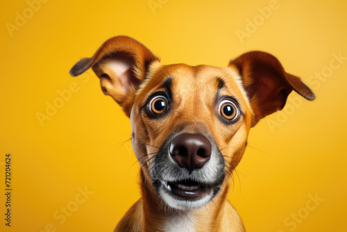 Surprised, shocked dog, puppy with open mouth on a yellow background © Michael