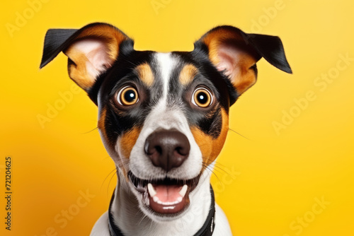 Surprised, shocked dog, puppy with open mouth on a yellow background