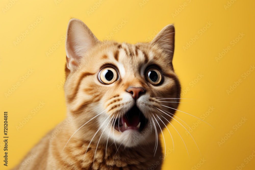 Shocked surprised cat with open mouth on yellow background Shocked surprised cat with open mouth on yellow background