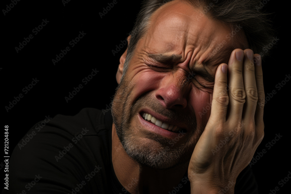Man with toothache touching cheek with painful expression Man with toothache touching cheek with painful expression