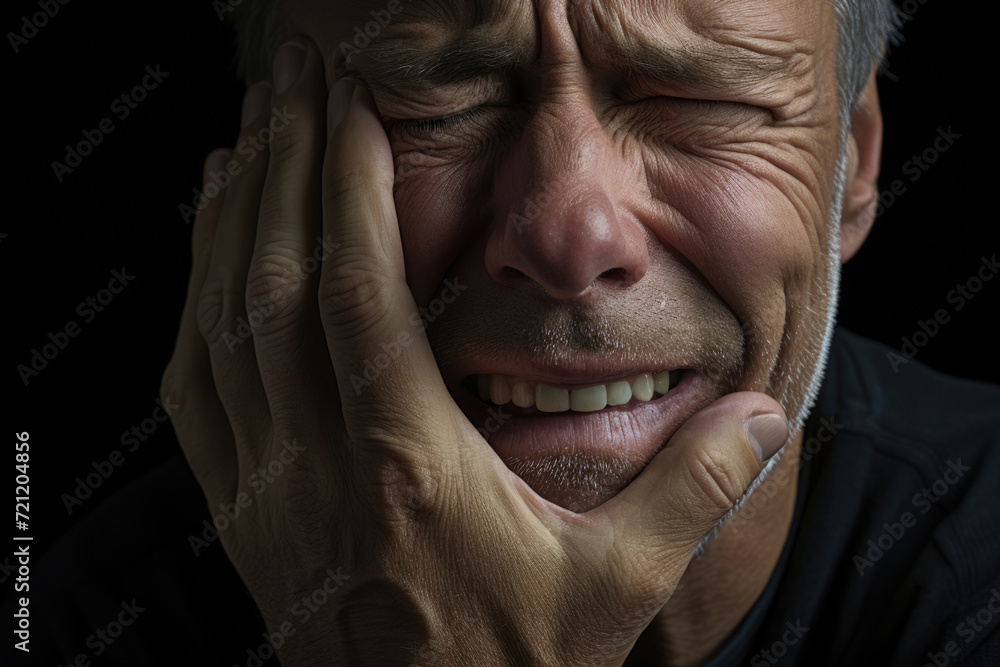 Man with toothache touching cheek with painful expression Man with toothache touching cheek with painful expression