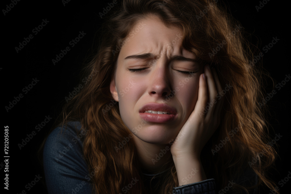Woman with toothache touching cheek with painful expression Woman with toothache touching cheek with painful expression