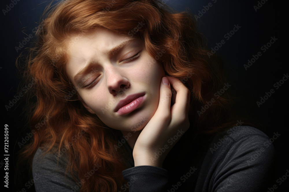 Woman with toothache touching cheek with painful expression Woman with toothache touching cheek with painful expression