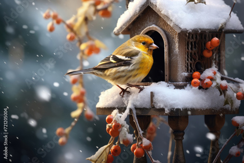Bird near a birdhouse on a winter day