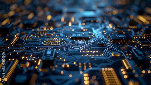 electronic circuit board with blue and orange light aesthetic