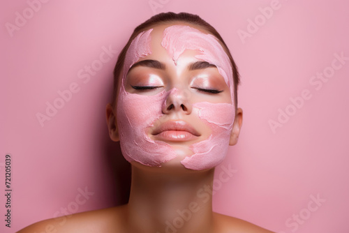 Young woman with facial mask on pink background, beauty treatments concept
