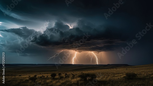 Great lightning at night, over the prairie photo