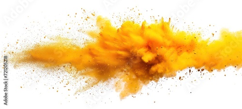 Abstract powder splatted background,Freeze motion of yellow powder exploding, throwing orange dust on white background.