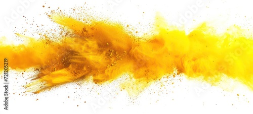 Abstract powder splatted background,Freeze motion of yellow powder exploding, throwing orange dust on white background. photo