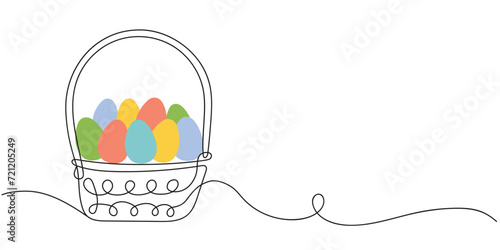Wicker basket with colorful Easter eggs. Continuous one line drawing. Vector illustration isolated on a white background. Minimalist style. perfect for Easter promotion, greeting card, holiday banner