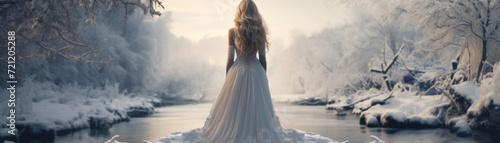 Young woman in a chic elegant dress in the winter forest. Horizontal banner