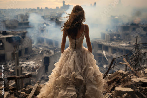 Woman in a lush evening dress on the ruins of a war-torn city © Michael
