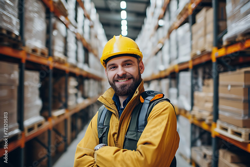 a worker in the warehouse is smiling, portrait. Warehouse shelves on background. Cinematic look portrait , yellow elements © Scott
