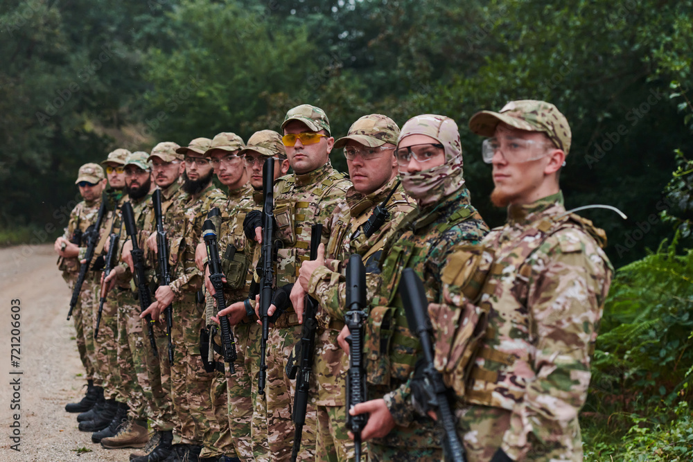 Soldier fighters standing together with guns. Group portrait of US army elite members, private military company servicemen, anti terrorist squad