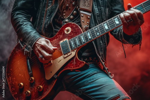 close-up of a rock musician with a guitar on stage in grunge style