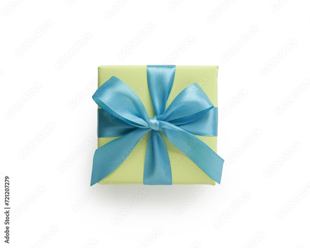 Top view of green gift box with blue ribbon bow isolated on white background