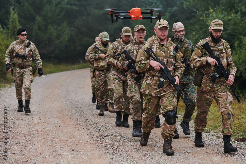An elite military unit, led by a major, confidently parades through dense forest, showcasing precision, discipline, and readiness for high-risk operations An elite military unit, led by a major, confidently parades through dense forest, showcasing precision, discipline, and readiness for high-risk operations