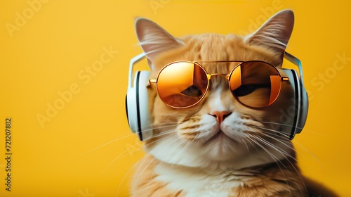 A cat wearing oversized sunglasses and headphones against a vibrant yellow background, a humorous take on style and music enjoyment.