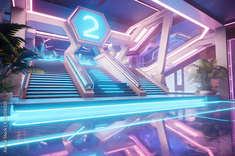 Futuristic Resort Lobby with Holographic Reception Futuristic Resort Lobby with Holographic Reception