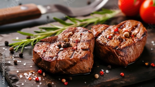 Two heart shaped grilled marble beef steaks with spices on a stone background photo