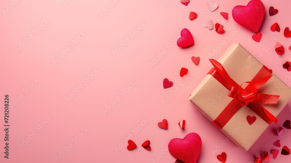 Heart shape made of red ribbon and red gift box with white bow on pink background. Card for Valentines, Mother, Women's day and 8 March. Copy space, mock up Heart shape made of red ribbon and red gift box with white bow on pink background. Card for Valentines, Mother, Women's day and 8 March. Copy space, mock up
