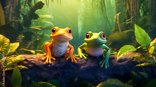 Frog sitting on a branch in the rainforest. Wildlife scene from nature. 3D rendering © Iwankrwn