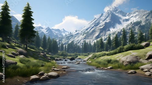 Majestic Mountain Landscape A breathtaking view of a snow-capped mountain peak surrounded by lush green meadows and a winding stream in the foreground.