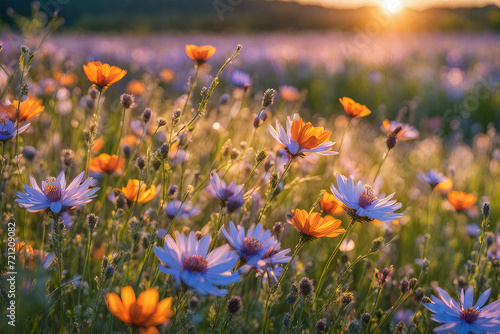 Wildflowers and a radiant sunset in the background