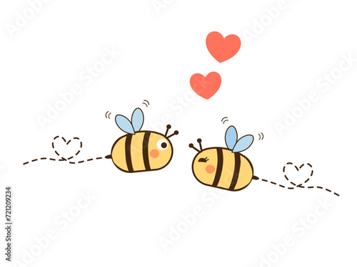 Couple bee in love and red hearts isolated on white background vector illustration.