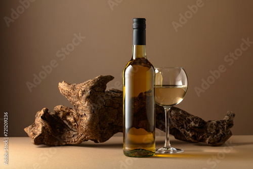 White wine and old snag on a beige background.