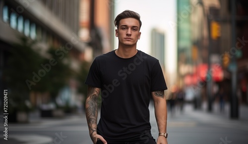 a man wears a black tshirt in the city