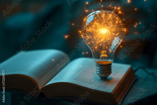 Illuminate your learning journey with a glowing light bulb and futuristic book icon. Express self-learning, knowledge pursuit, and business study in this engaging online class or e-learning.