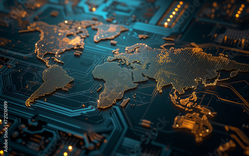 world map on electronic circuits background. A World Connected by Technology.