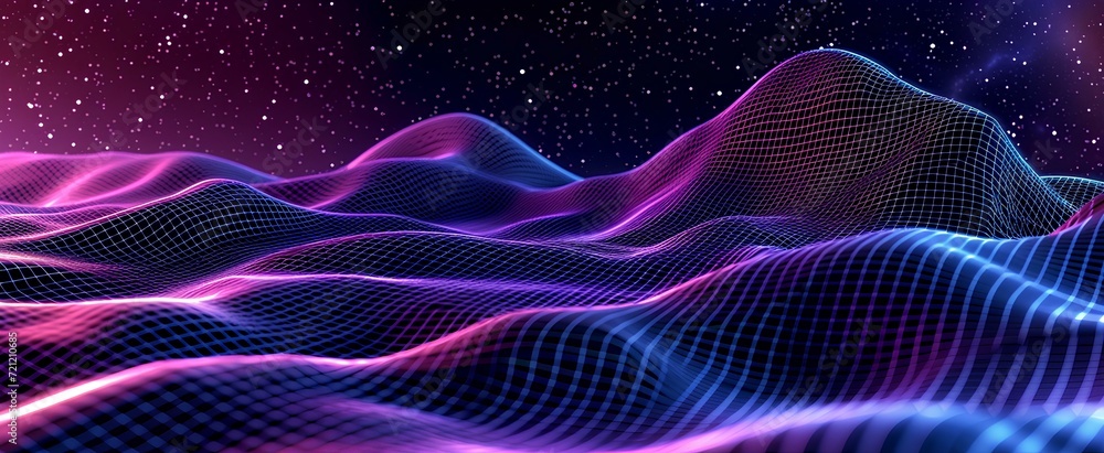 wave made out of grids one of the hologram geomtry shapes, clearly animated neon lines, 3d render, only lines are visible flowing above nothingness. generative AI wave made out of grids one of the hologram geomtry shapes, clearly animated neon lines, 3d render, only lines are visible flowing above nothingness. generative AI