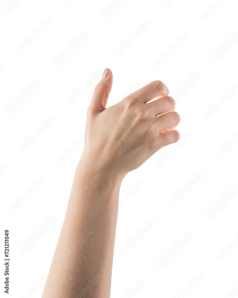 Young woman hand hold something isolated on white background