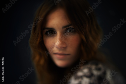 Makeup, beauty and portrait of woman in studio with natural, cosmetic and self care routine. Smile, glow and face of young female person with facial cosmetology treatment by dark black background.