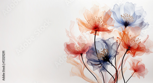 Red blue floral border with  transparent x-ray flowers at white background with copy space #721211291