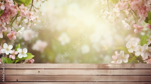 spring background with wooden planks  copy space - generative ai