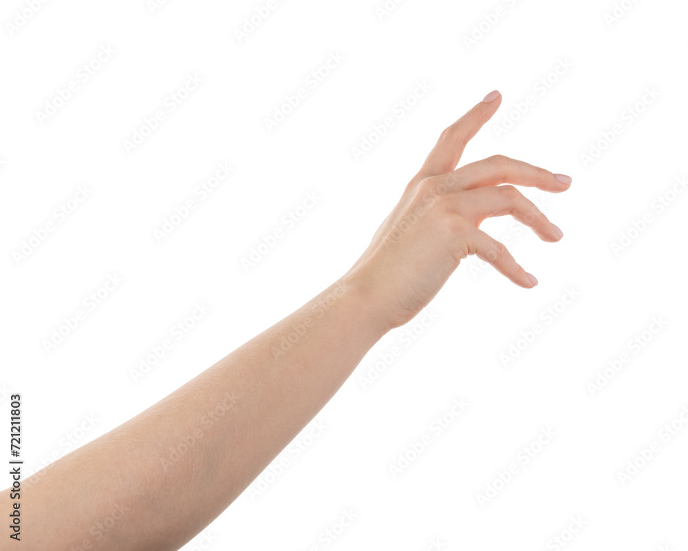 Young woman hand reaching isolated on white background