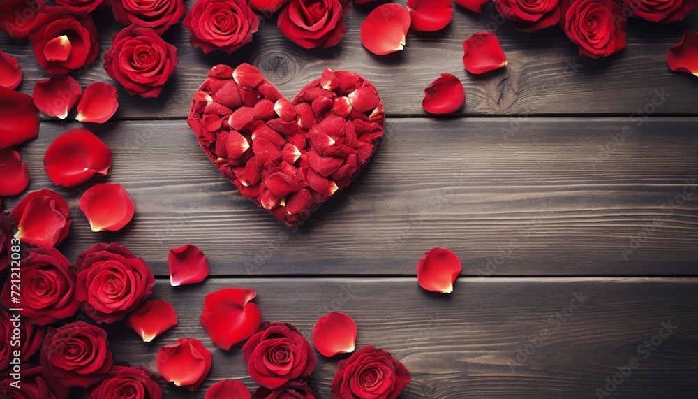Red rose petals and heart on wooden background. Valentines day background Red rose petals and heart on wooden background. Valentines day background