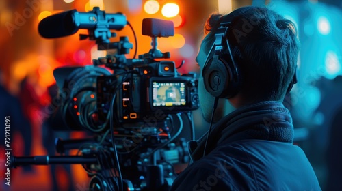 Close up profile headshot photo of Video camera man operator with equipment at night work photo