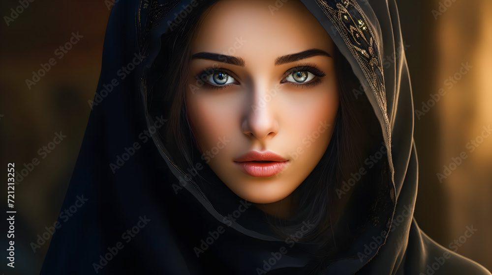 Close up of a beautiful young muslim woman wearing black hijab Close up of a beautiful young muslim woman wearing black hijab