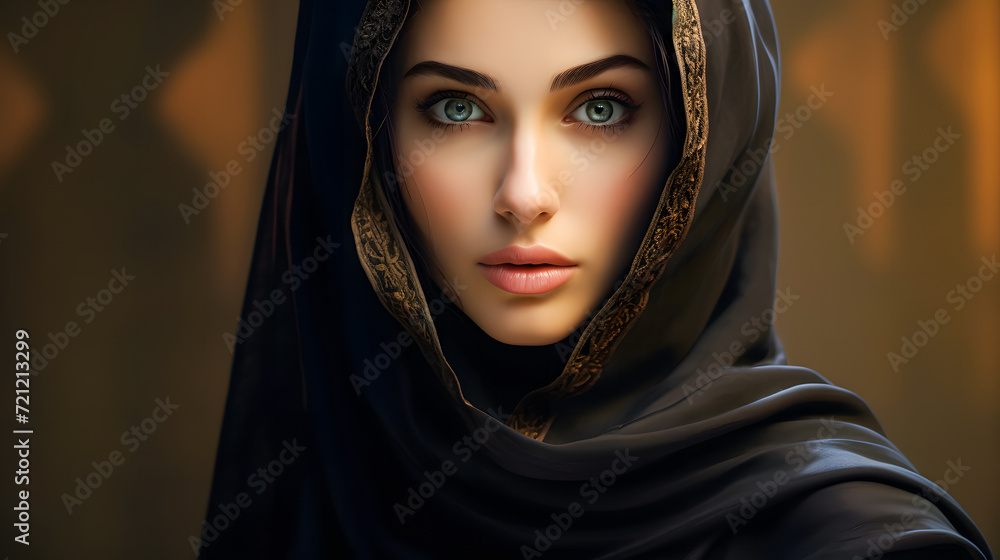 Close up of a beautiful young muslim woman wearing black hijab Close up of a beautiful young muslim woman wearing black hijab