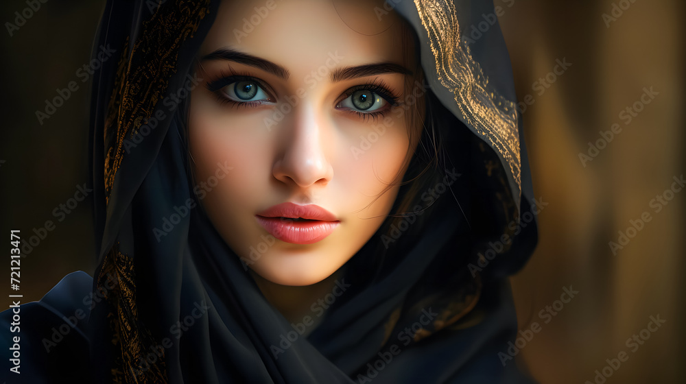 Close up of a beautiful young muslim woman wearing black hijab