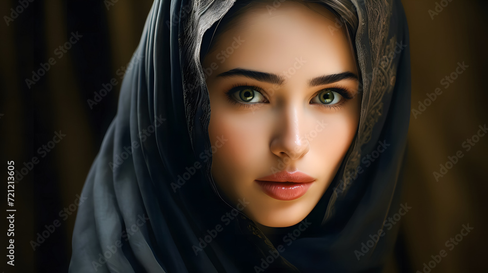 Close up of a beautiful young muslim woman wearing black hijab Close up of a beautiful young muslim woman wearing black hijab