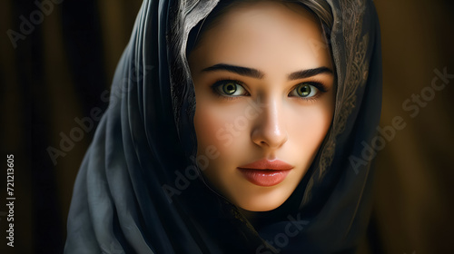 Close up of a beautiful young muslim woman wearing black hijab