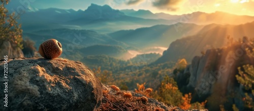 Captivating Acorn Overlooking Breathtaking Mountainous View: An Enchanting Acorn Overlooking a Majestic Mountainous View on a Spectacular Evening photo