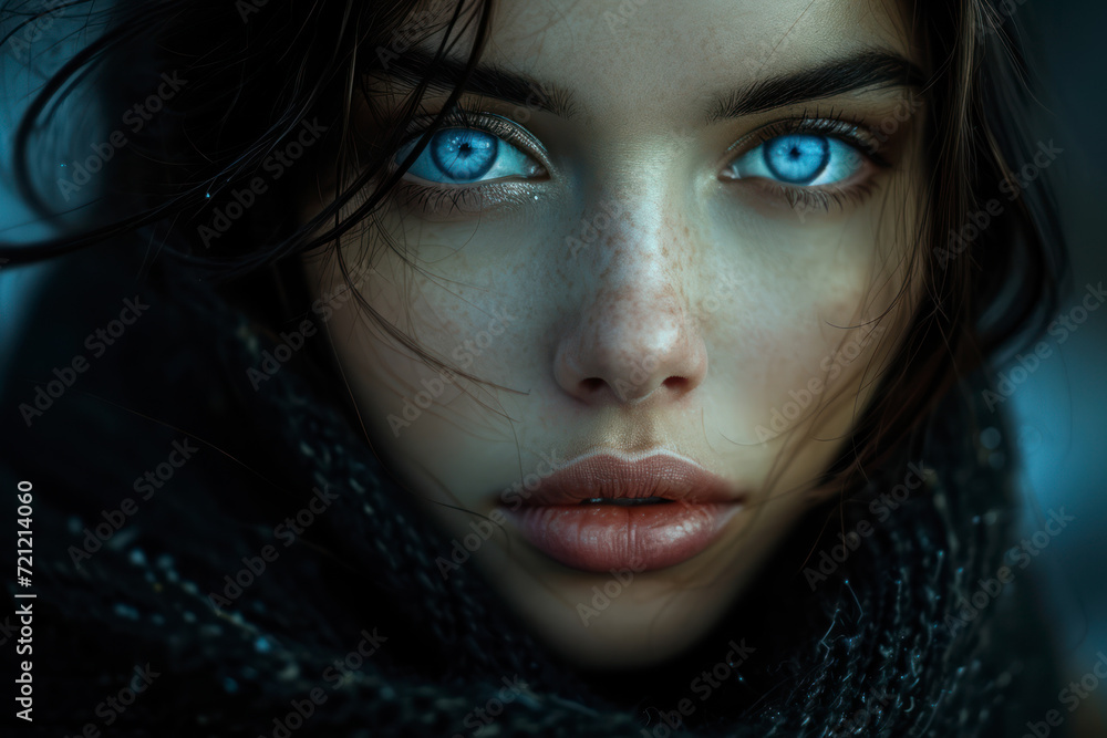 Close-up portrait of a woman in a scarf and hat with beautiful blue eyes Close-up portrait of a woman in a scarf and hat with beautiful blue eyes