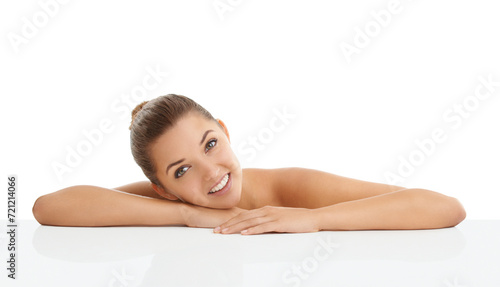 Skincare  mockup and portrait of happy woman in studio for wellness cosmetics on white background. Space  face and female model with natural beauty  treatment or dermatology  shine and glowing skin