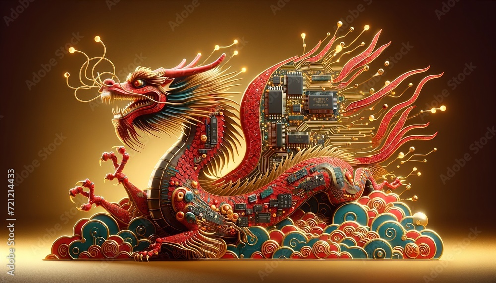 Fototapeta premium Red Chinese dragon made from golden circuit boards, Chinese New Year in technology theme.